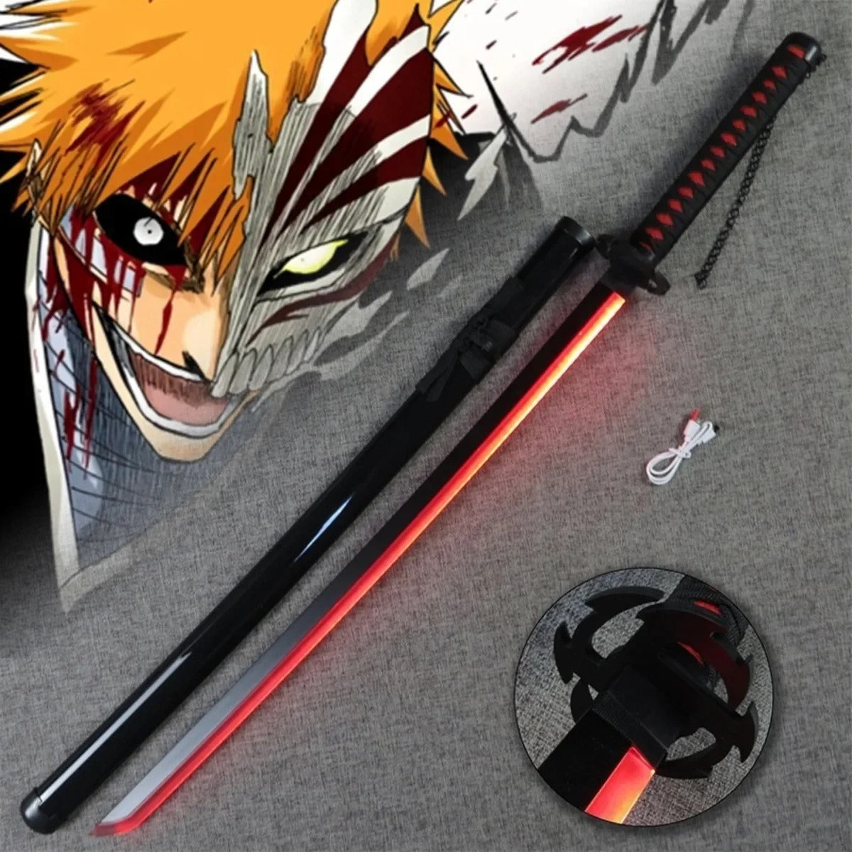 Katana Ichigo com LED – Espada Bleach Cosplay Luminosa Anime PVC Colecionável Decorativo | Bankai Boss