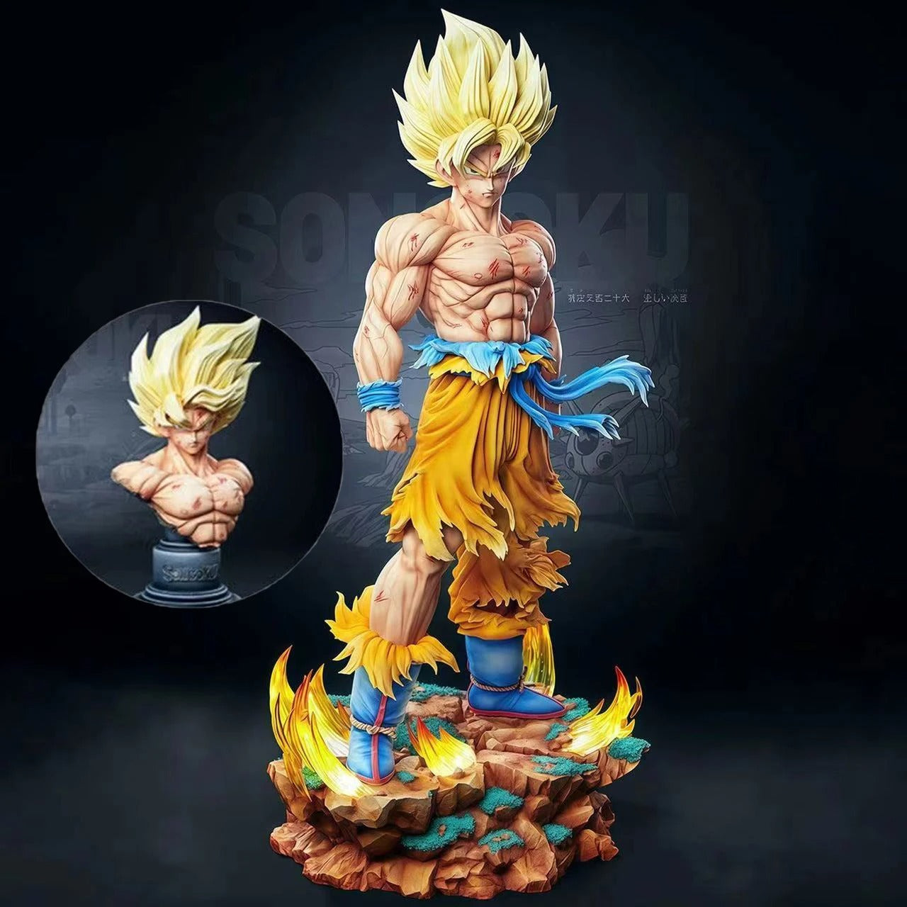 Action Figure Goku Super Saiyajin 34cm com LED e Cabeças Intercambiáveis – Dragon Ball Z Estátua PVC Premium | Bankai Boss